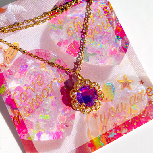 Necklace (Round Pink Purple Gradient Flower Gem)