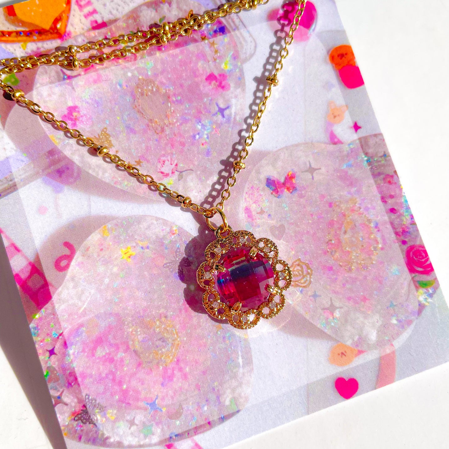 Necklace (Round Pink Purple Gradient Flower Gem)