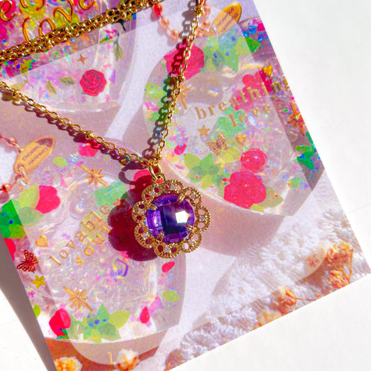 Necklace (Round Purple Gradient Flower Gem)