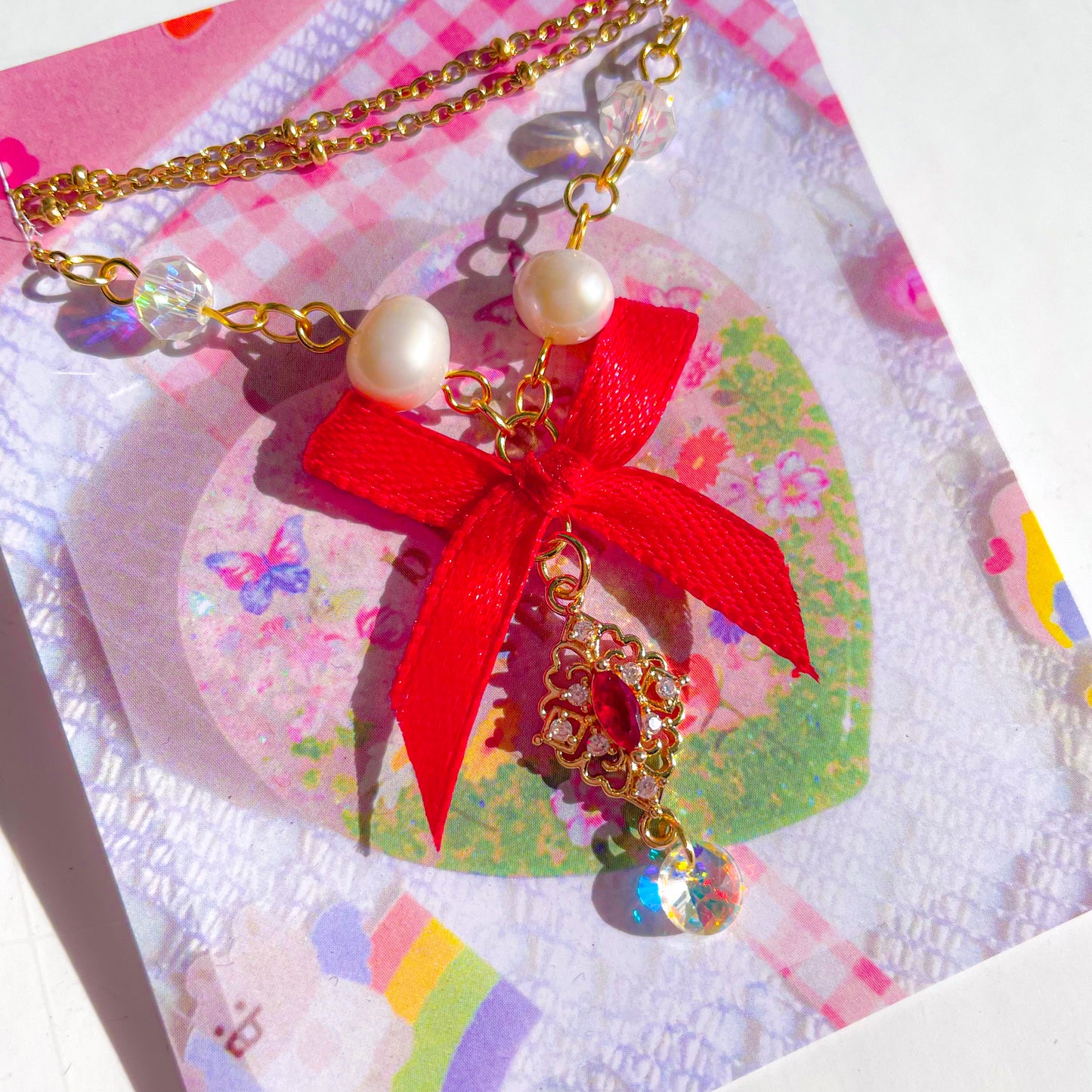 Necklace (Red Gem with Real Pearl and Red Ribbon)