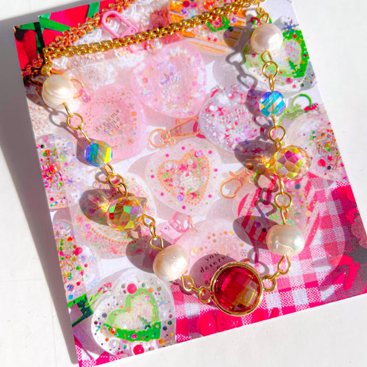 Necklace (Sunset Pink Gem with Real Pearl and Holographic Drop Beads)