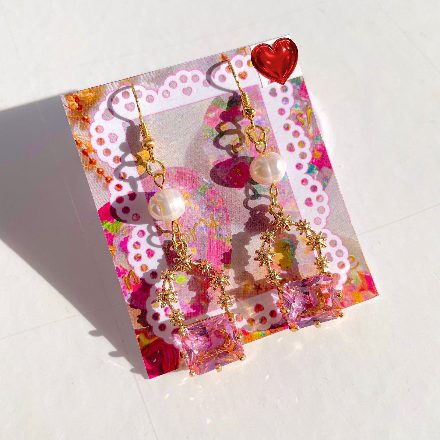 Earrings (Pink Square Gem with Real Pearl)