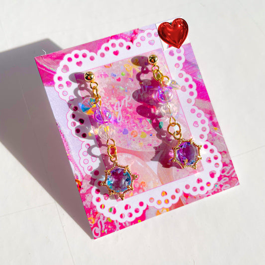 Earrings (Purple Blue Aurora Gem with Holographic Beads)