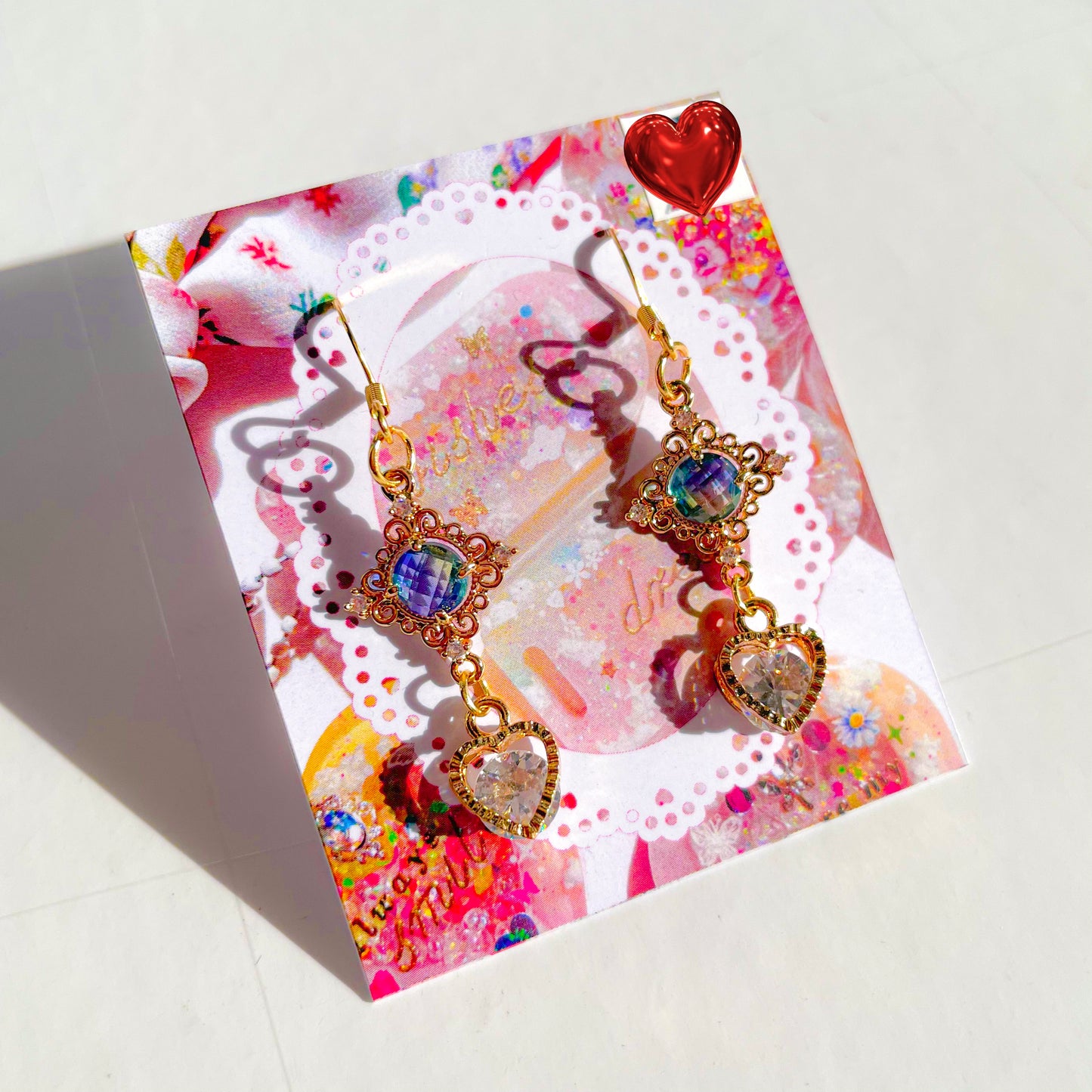 Earrings (Green Blue Aurora Gem with Heart Holographic Gem)