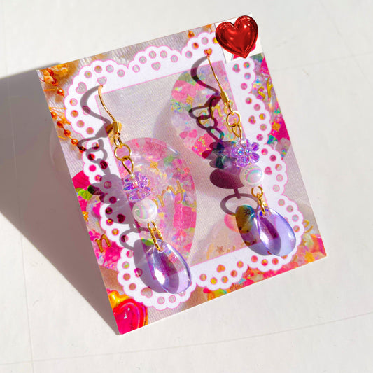 Earrings (Purple Drop with Purple Flower and Holographic Beads)