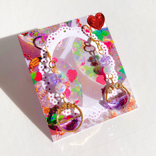 Earrings (Purple Gem with Holographic and Flower Beads)