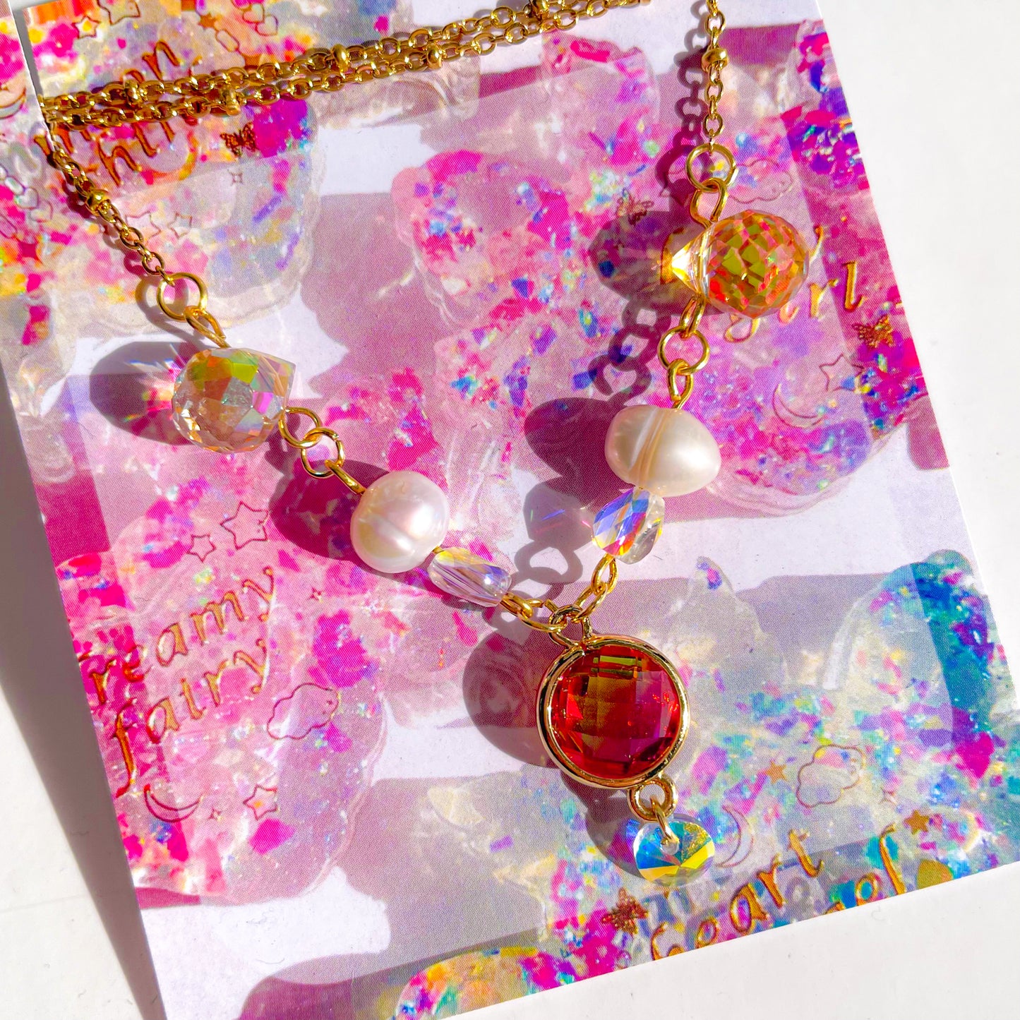 Necklace (Sunset Pink Red Purple Gem with Real Pearl and Holographic Drop)